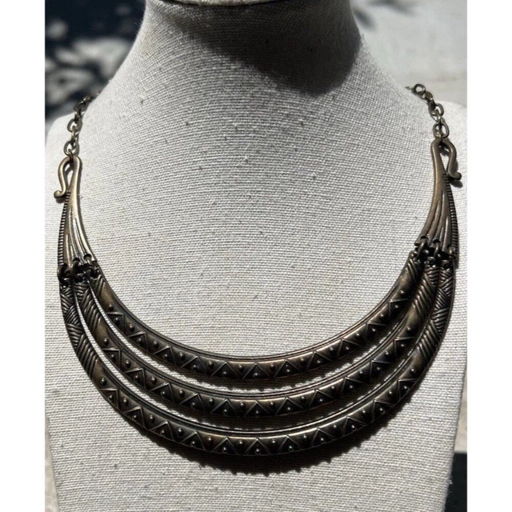 Vintage Gold Choker Necklace Brass Tribal Triple Chunky Statement Adjustable 19”